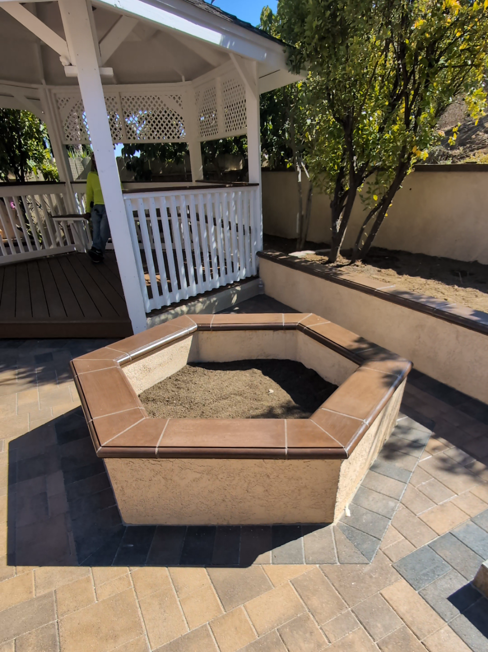 Octagonal Stucco Raised Planters & Geometric Paver Patios in San Diego