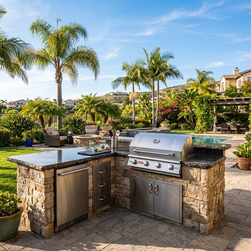 Bull BBQ Angus 30" Grill — L-Shaped Island Kitchen vinyl plank flooring installed in San Diego home by Hardscape Flow