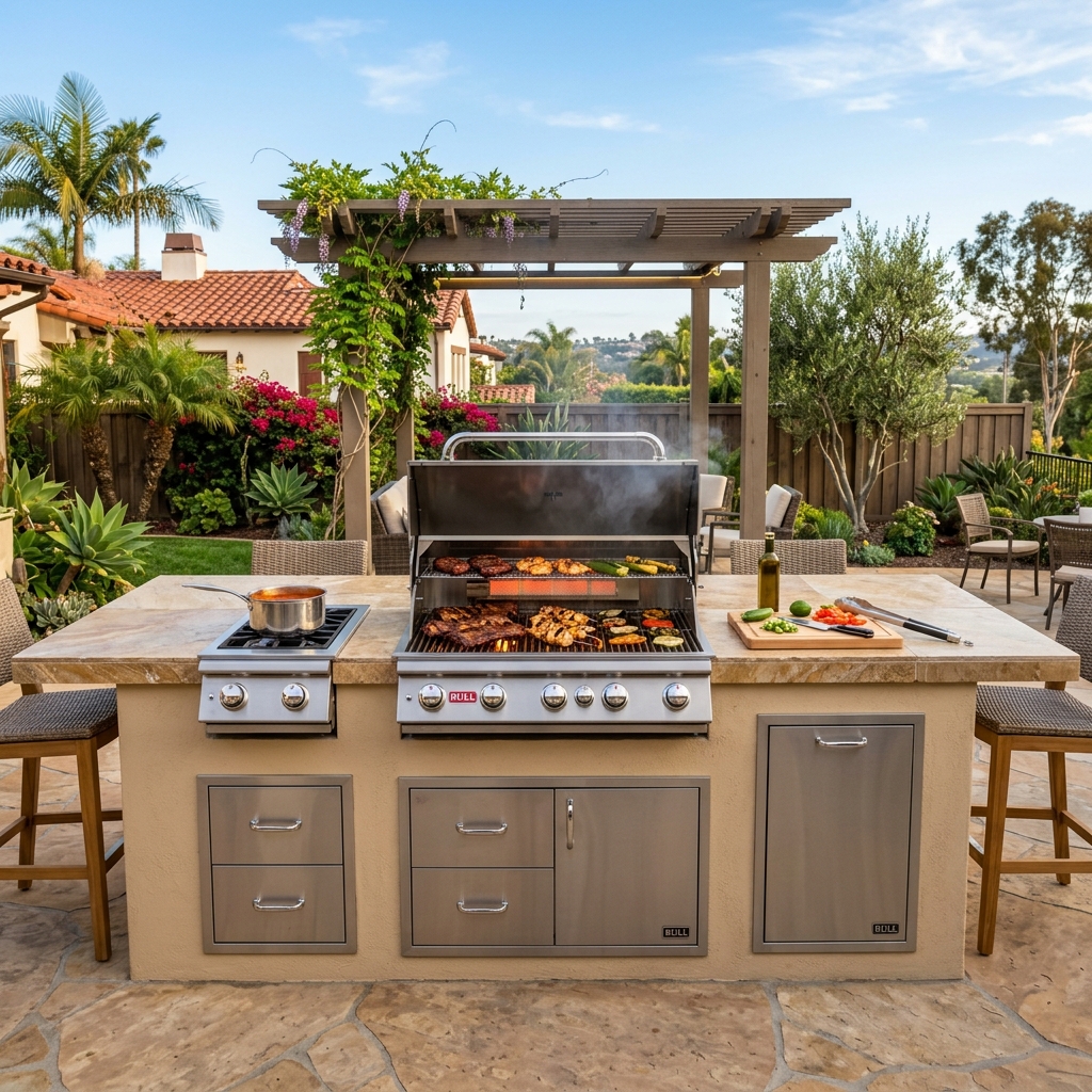 Bull BBQ Brahma 38" Grill — Backyard Cooking Station vinyl plank flooring installed in San Diego home by Hardscape Flow