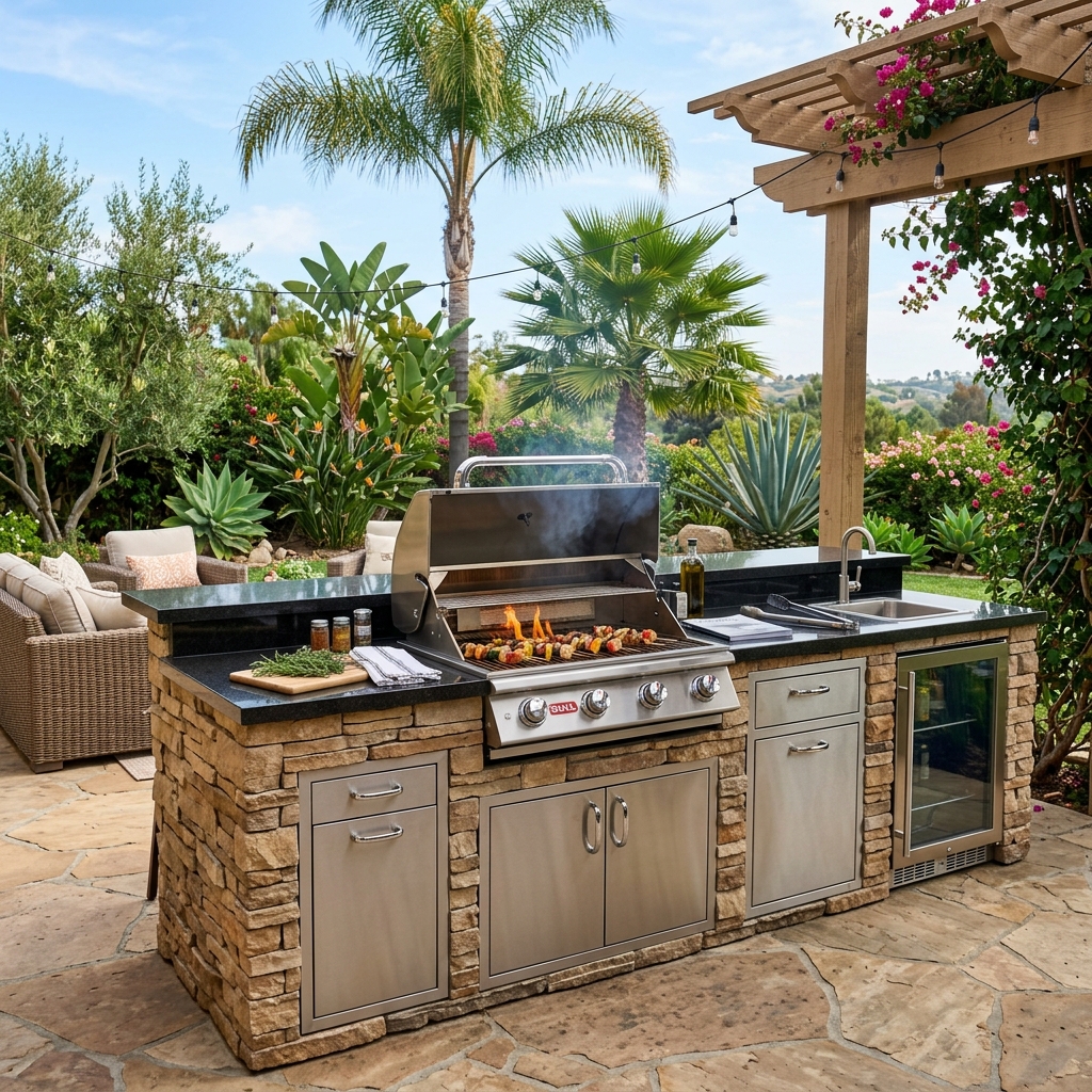 Bull BBQ Outlaw 30" Grill — Natural Stone Island vinyl plank flooring installed in San Diego home by Hardscape Flow