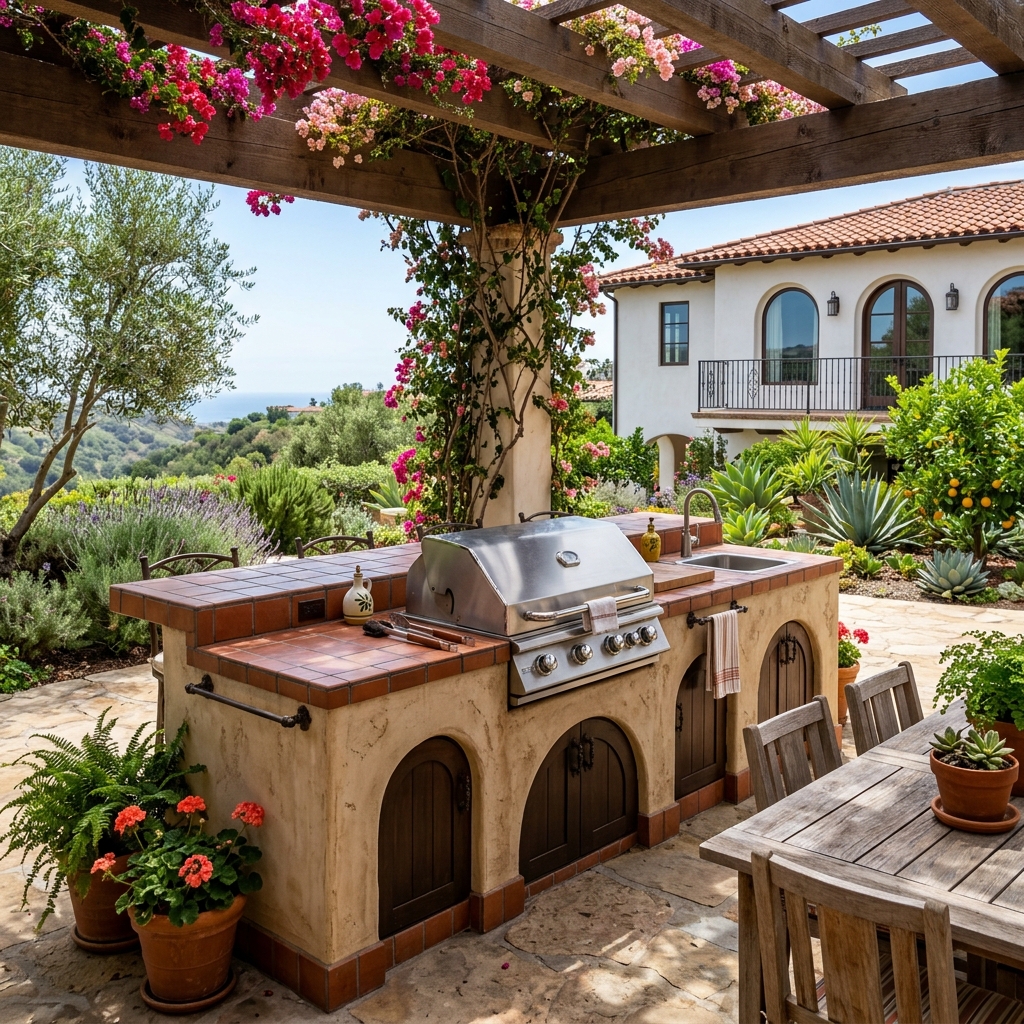 Bull BBQ Island — Mediterranean Style Kitchen vinyl plank flooring installed in San Diego home by Hardscape Flow