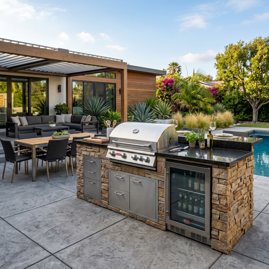 Bull BBQ Island — Grill with Built-In Refrigerator vinyl plank flooring installed in San Diego home by Hardscape Flow