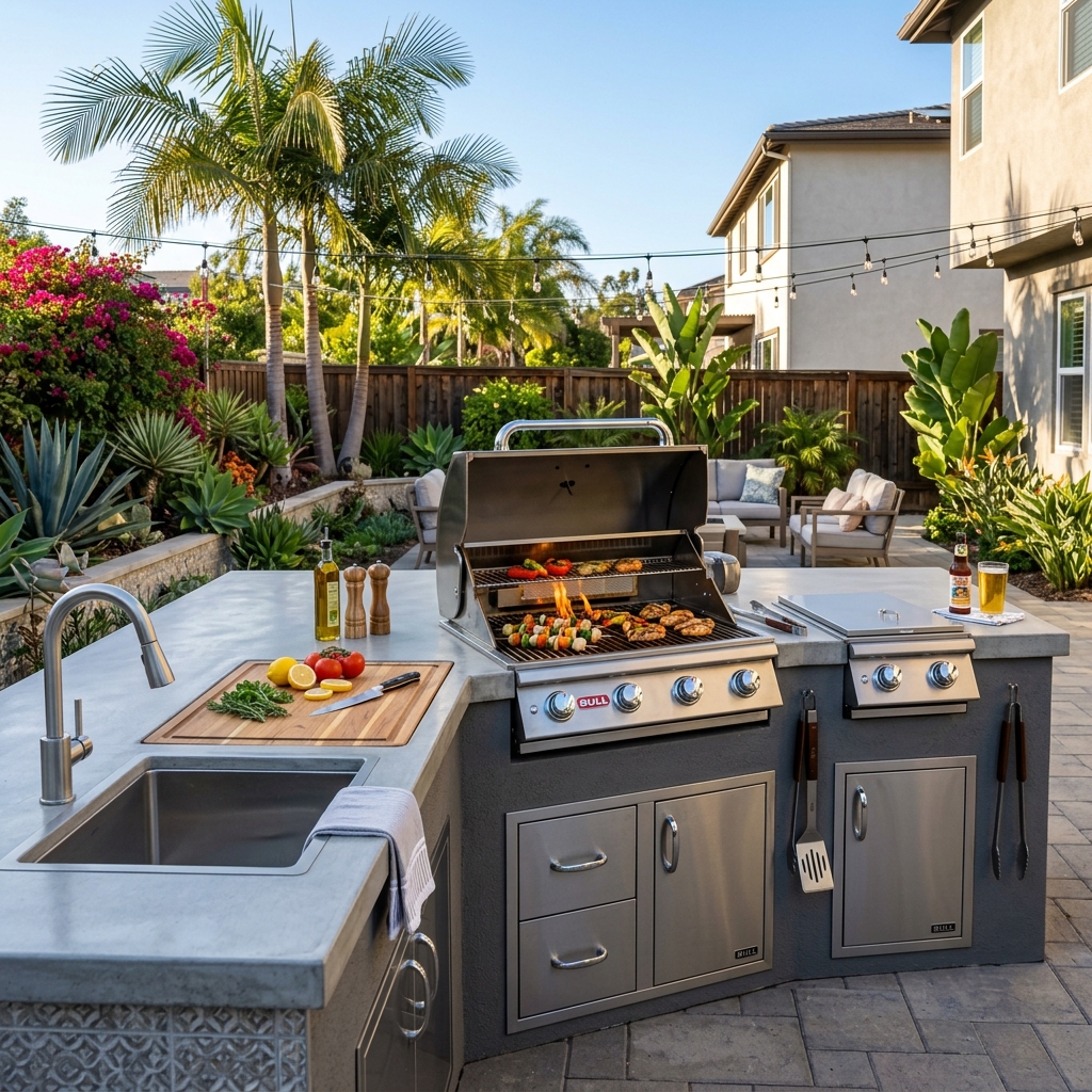 Bull BBQ Island — Grill with Side Burner and Sink vinyl plank flooring installed in San Diego home by Hardscape Flow