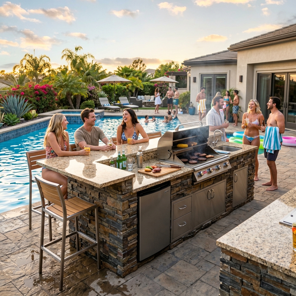 Bull BBQ Island — Poolside Bar Kitchen vinyl plank flooring installed in San Diego home by Hardscape Flow