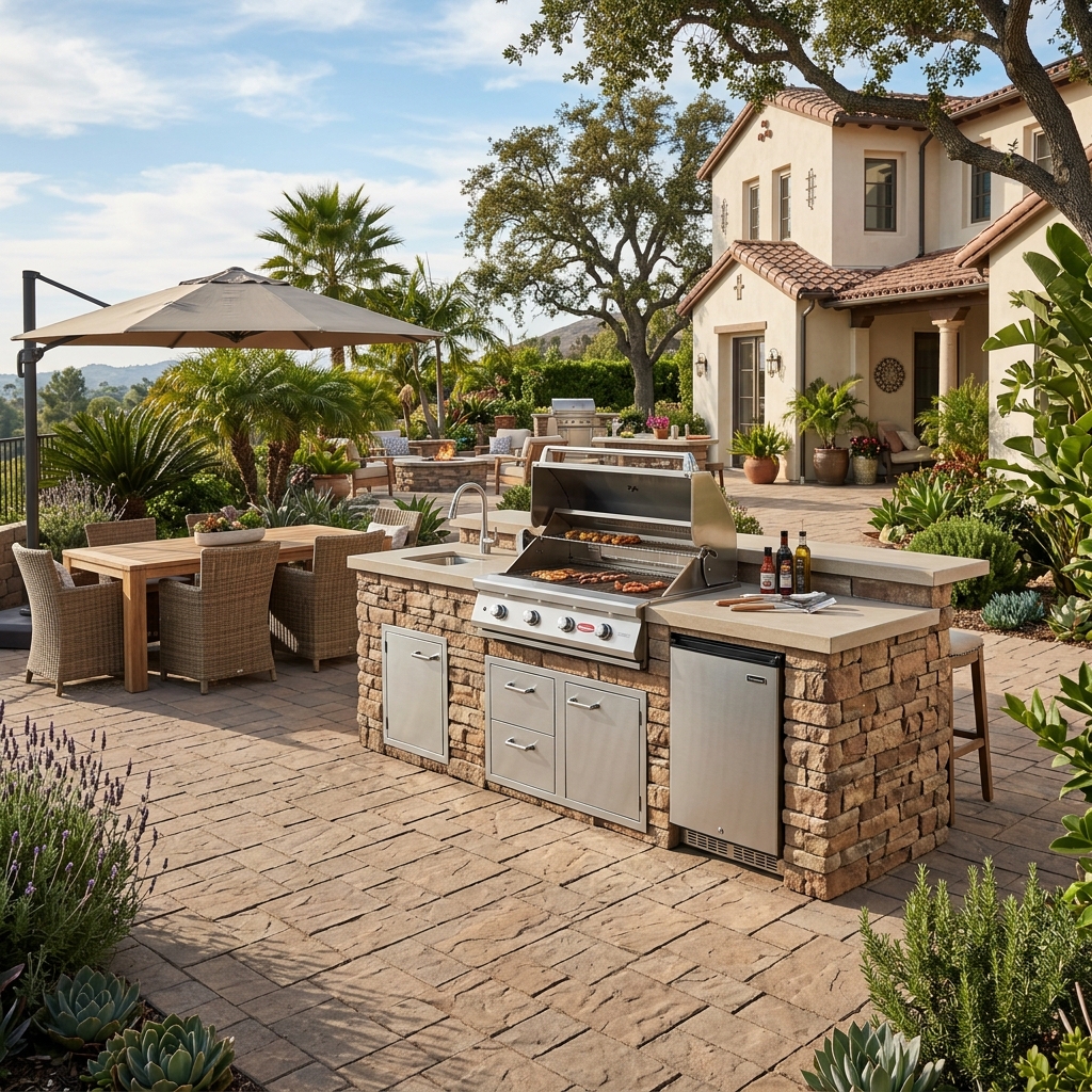 Belgard Bordeaux Grill Island — Stacked Stone vinyl plank flooring installed in San Diego home by Hardscape Flow
