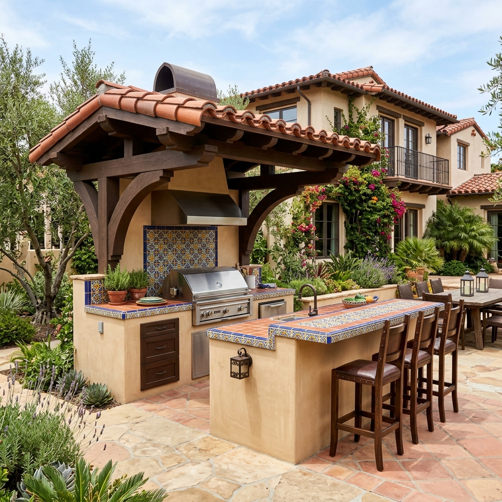 Stucco Outdoor Kitchen — Spanish Style vinyl plank flooring installed in San Diego home by Hardscape Flow