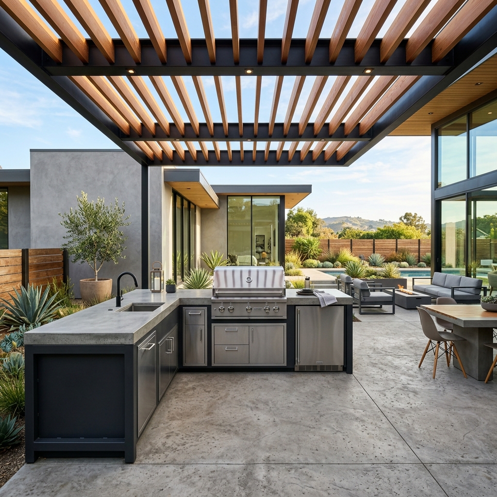 Concrete Countertop Kitchen — Modern Industrial vinyl plank flooring installed in San Diego home by Hardscape Flow