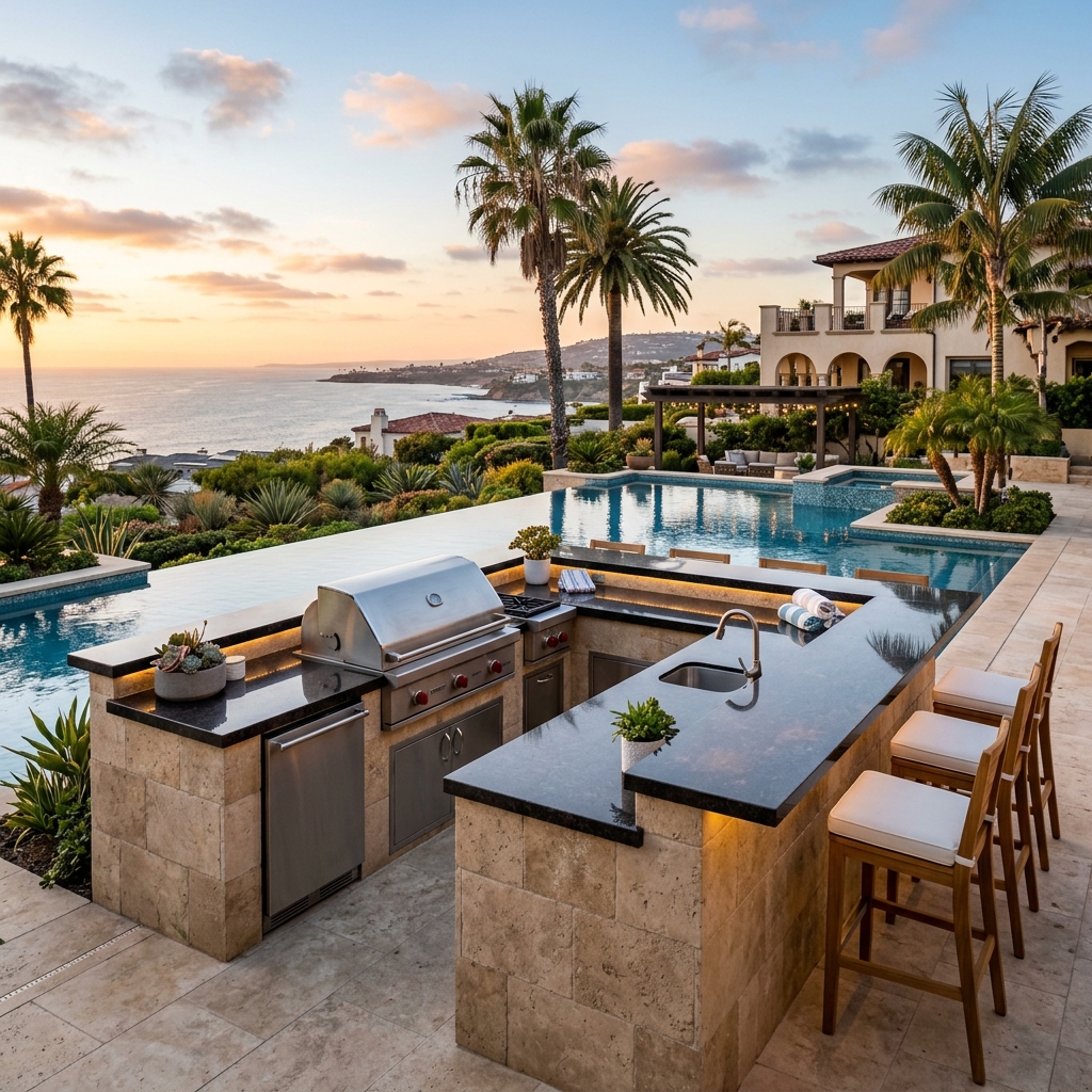 Travertine Kitchen Island — Luxury Poolside vinyl plank flooring installed in San Diego home by Hardscape Flow