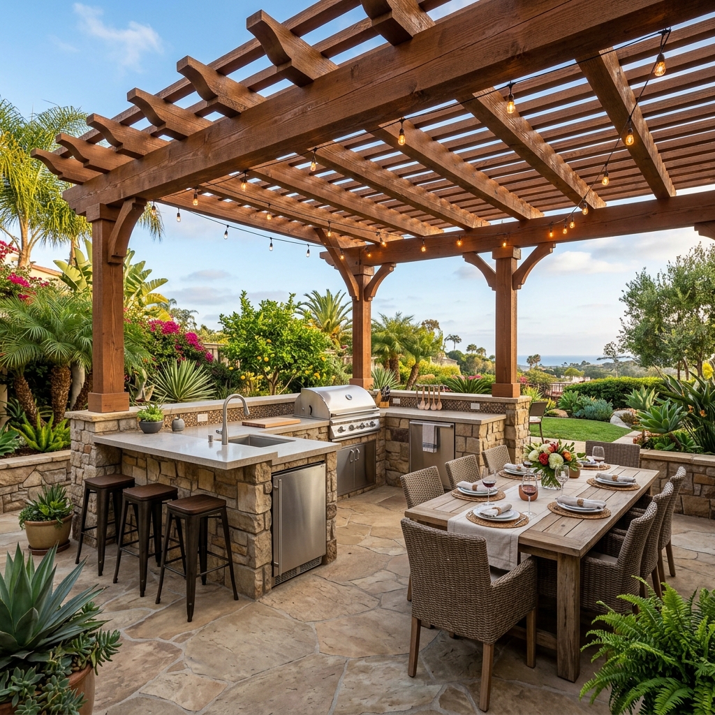Outdoor Kitchen with Pergola — Covered Dining vinyl plank flooring installed in San Diego home by Hardscape Flow