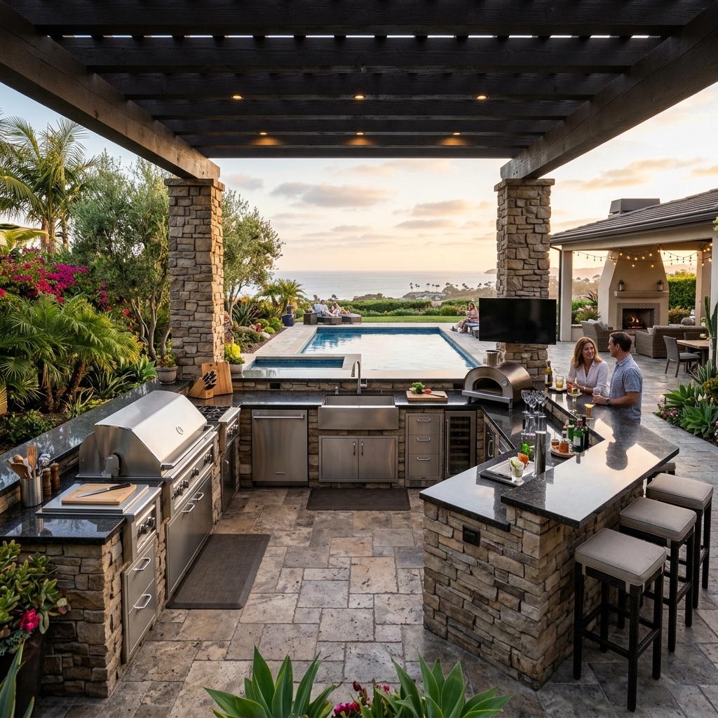 U-Shaped Outdoor Kitchen — Large Entertainment vinyl plank flooring installed in San Diego home by Hardscape Flow