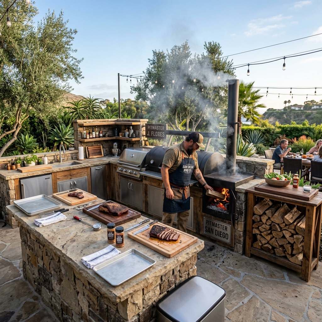 Built-In Smoker Kitchen — BBQ Pitmaster Station vinyl plank flooring installed in San Diego home by Hardscape Flow
