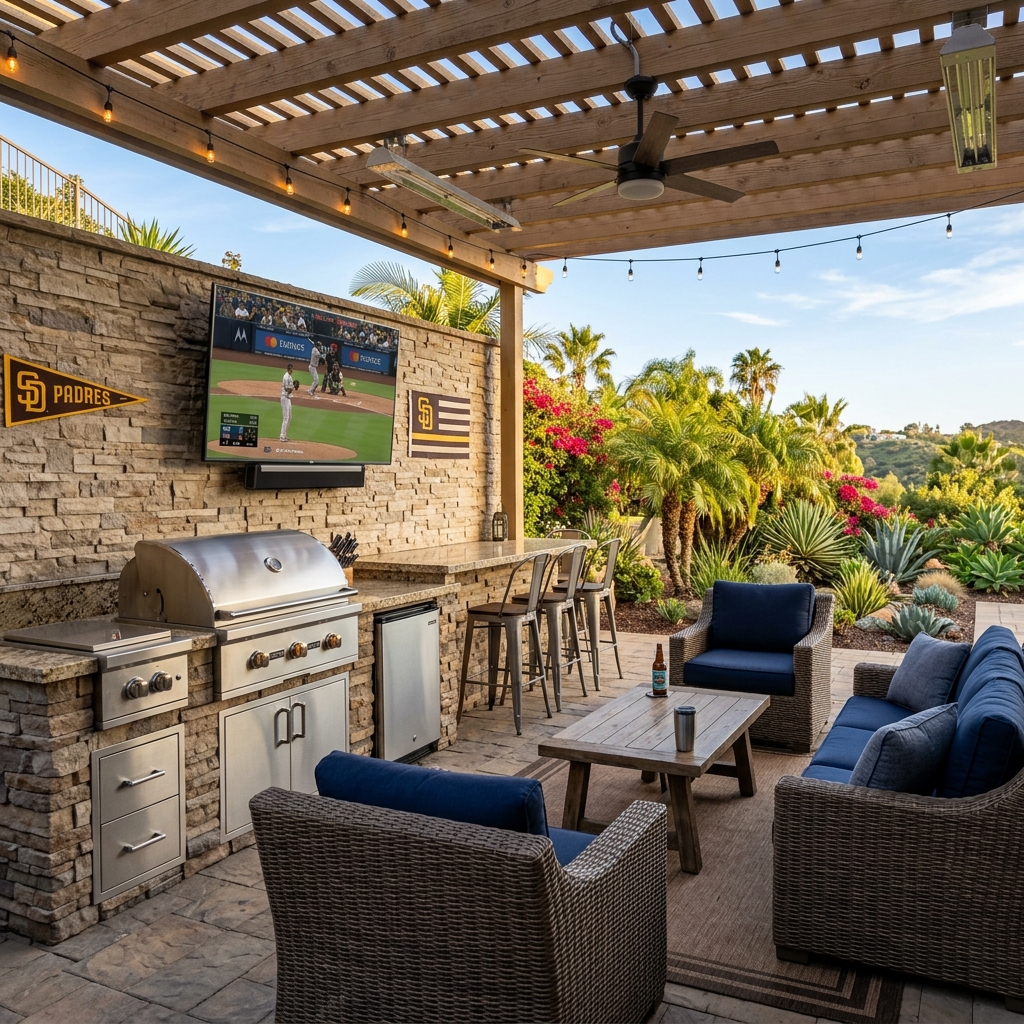 Outdoor Kitchen with TV — Sports Viewing vinyl plank flooring installed in San Diego home by Hardscape Flow