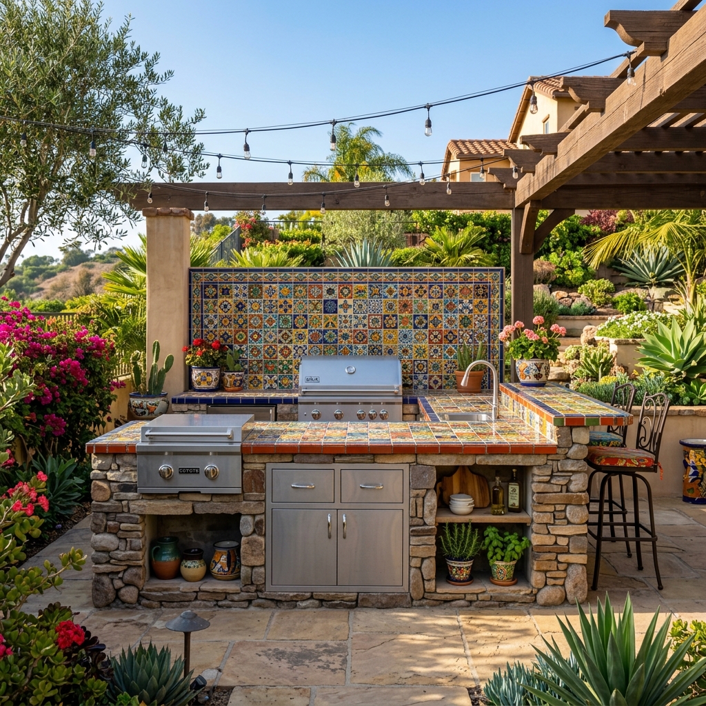 Tile Mosaic Kitchen — Artistic Backsplash vinyl plank flooring installed in San Diego home by Hardscape Flow