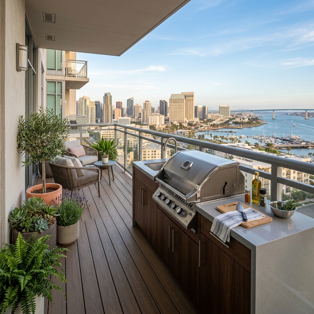 Compact Balcony Kitchen — Urban BBQ vinyl plank flooring installed in San Diego home by Hardscape Flow