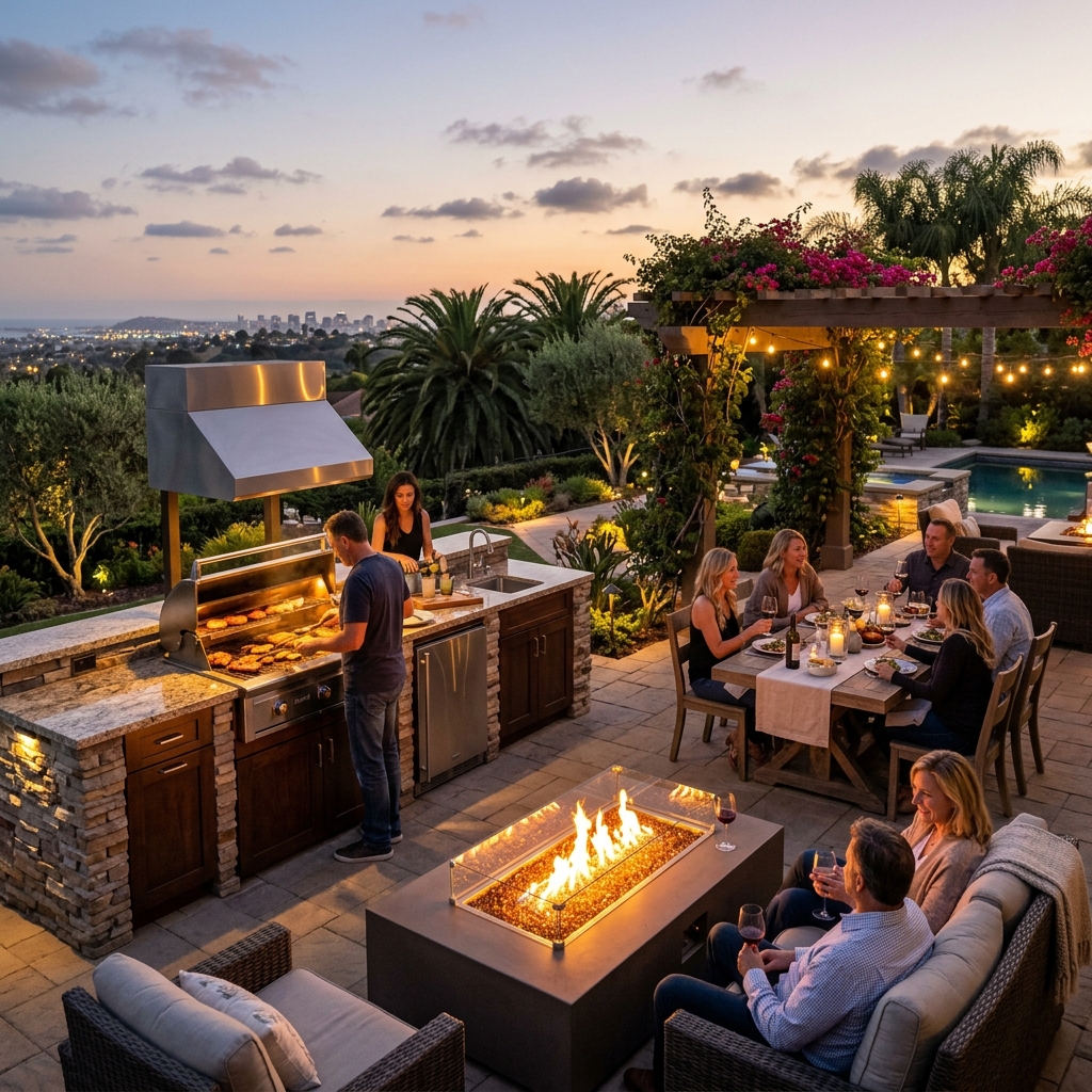 Fire Table Kitchen — Evening Dining vinyl plank flooring installed in San Diego home by Hardscape Flow