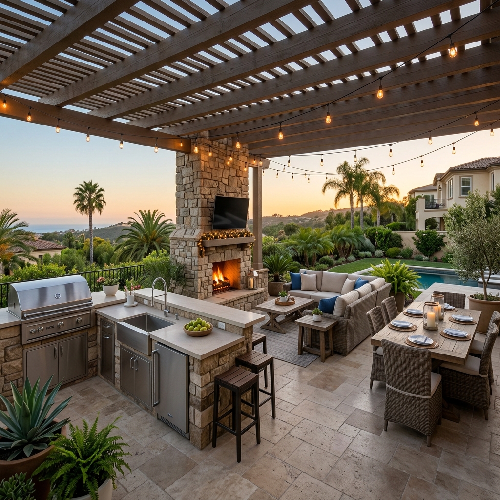 Complete Outdoor Living — Kitchen Fireplace Lounge vinyl plank flooring installed in San Diego home by Hardscape Flow