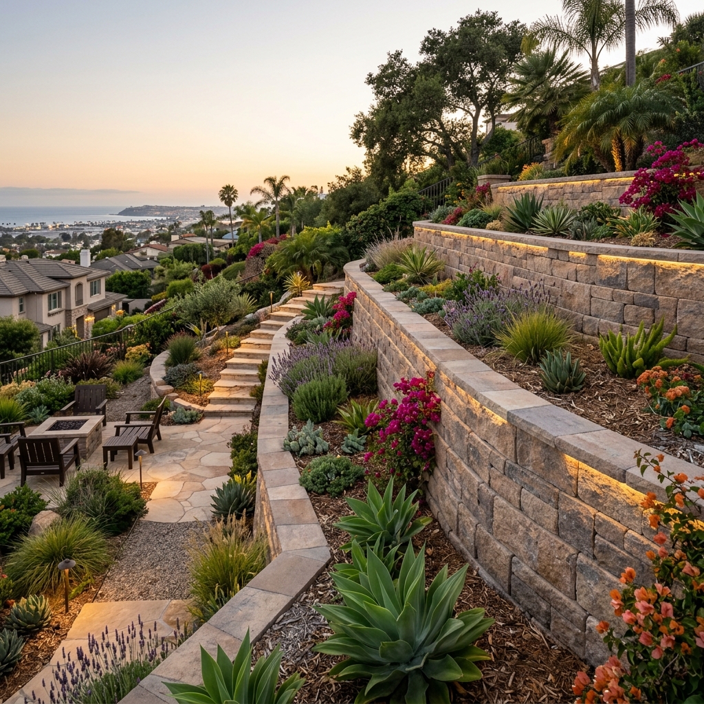 Multi-Tier Retaining Wall vinyl plank flooring installed in San Diego home by Hardscape Flow