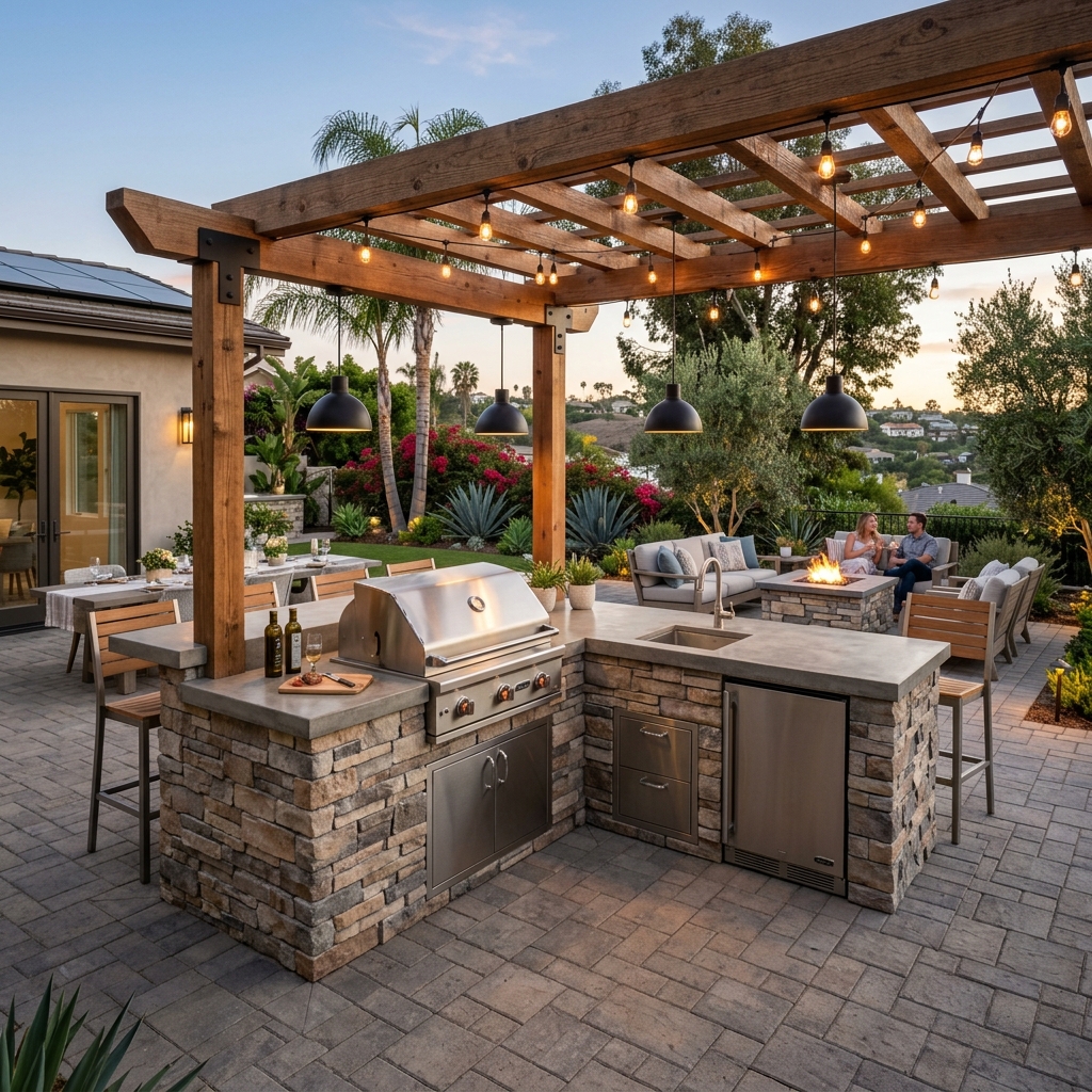 Outdoor Kitchen with Bull Grill vinyl plank flooring installed in San Diego home by Hardscape Flow