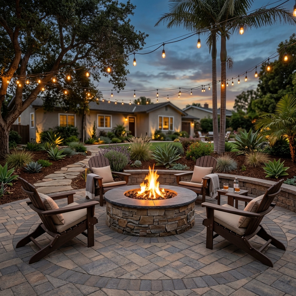 Belgard Fire Pit vinyl plank flooring installed in San Diego home by Hardscape Flow