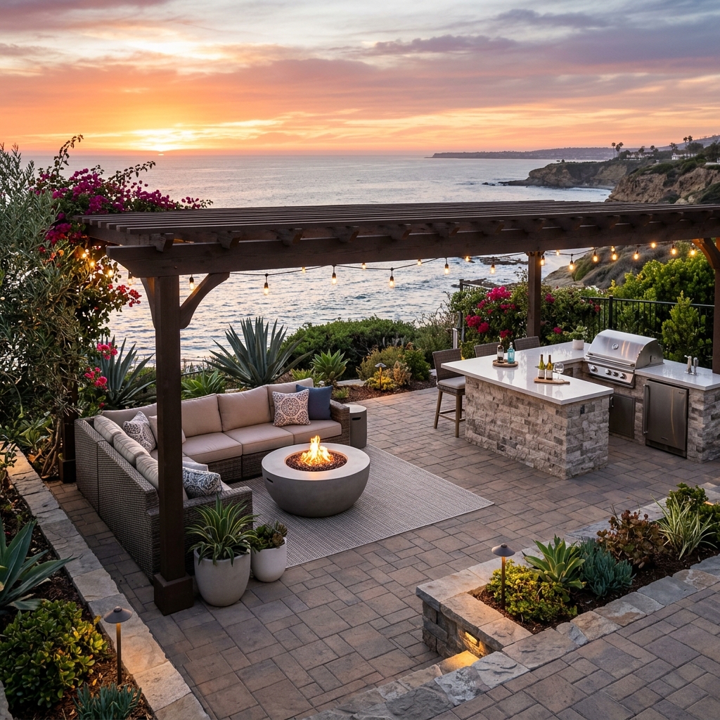 Entertainment Patio vinyl plank flooring installed in San Diego home by Hardscape Flow