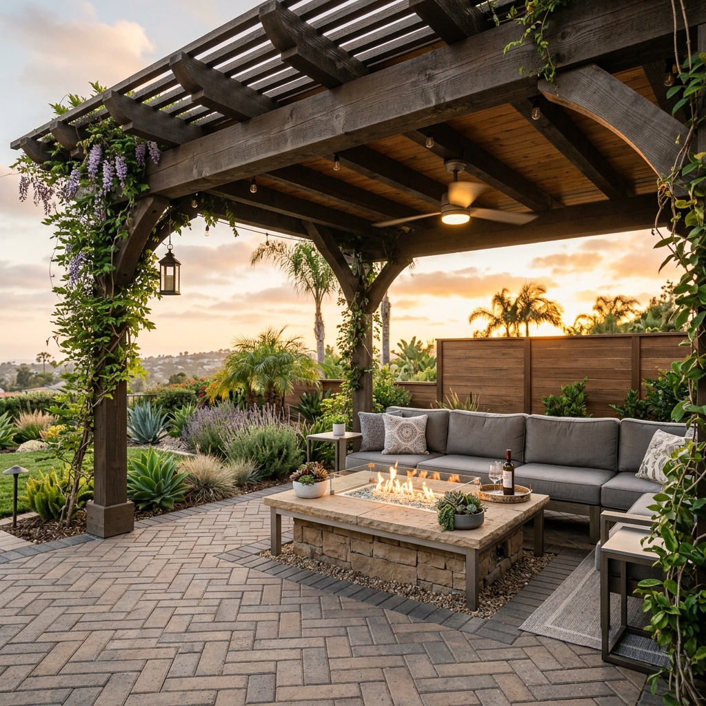 Pergola & Composite Deck vinyl plank flooring installed in San Diego home by Hardscape Flow