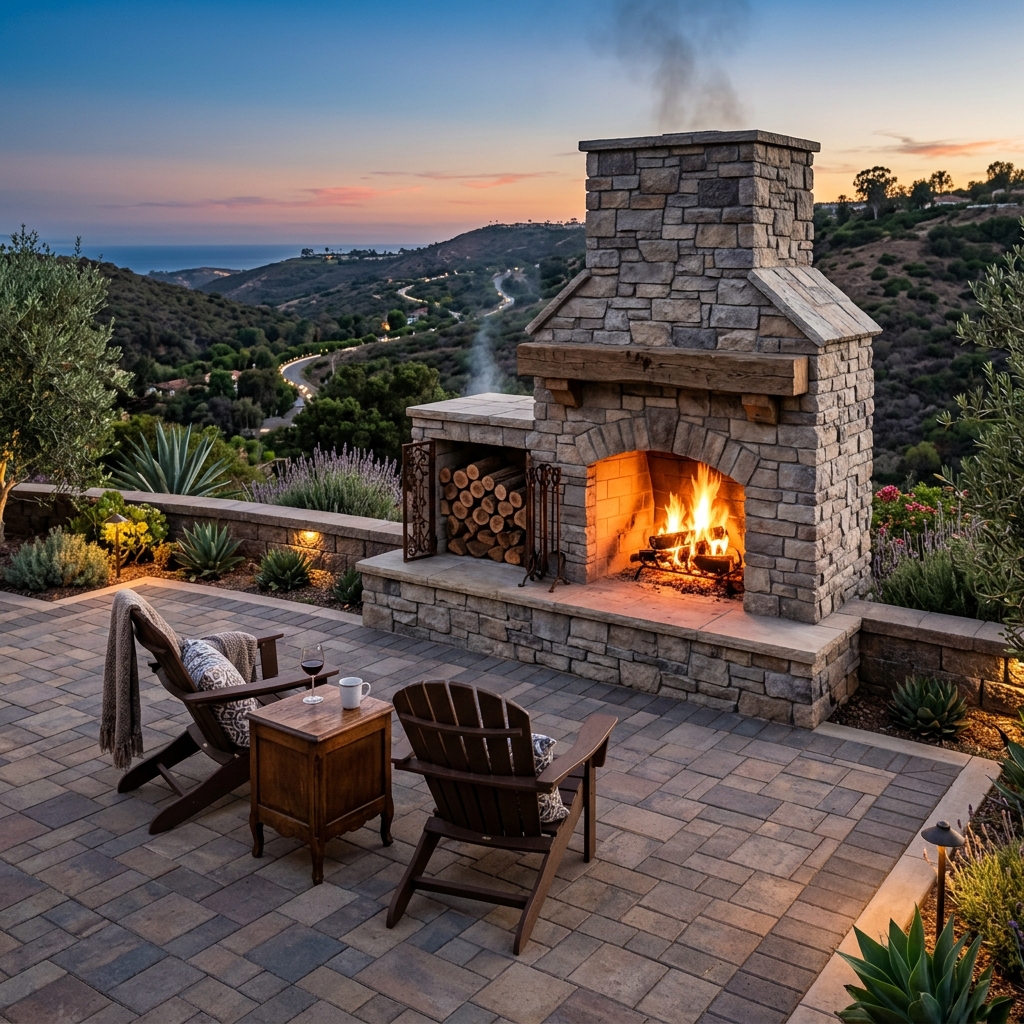 Outdoor Stone Fireplace vinyl plank flooring installed in San Diego home by Hardscape Flow