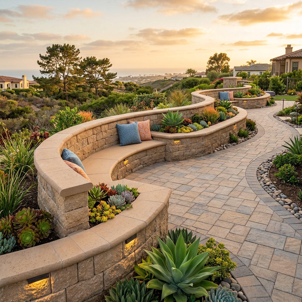 Curved Retaining Wall vinyl plank flooring installed in San Diego home by Hardscape Flow