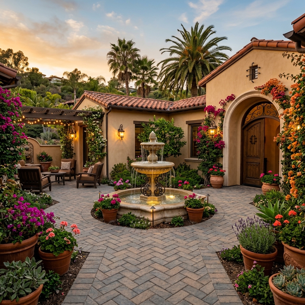 Mediterranean Courtyard vinyl plank flooring installed in San Diego home by Hardscape Flow