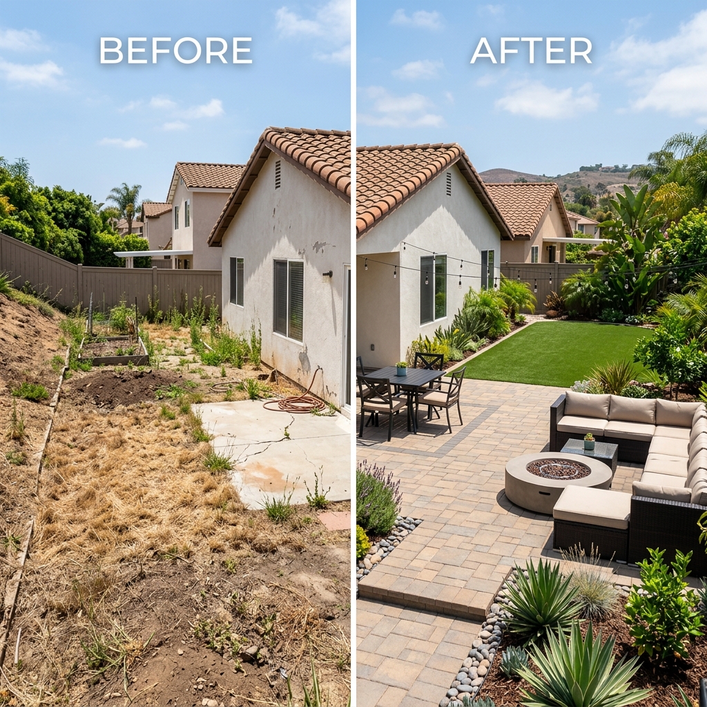 Before & After Patio vinyl plank flooring installed in San Diego home by Hardscape Flow