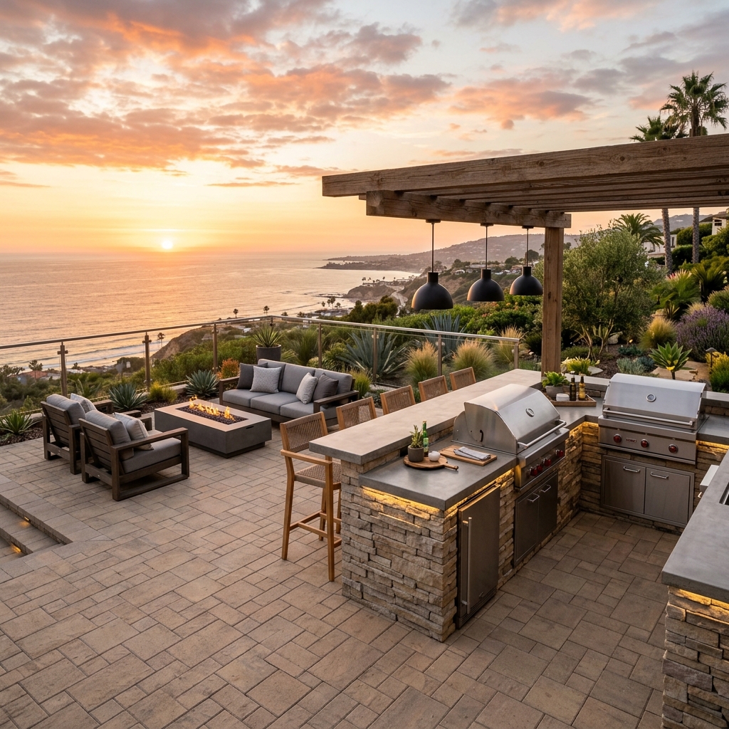 Luxury Patio with Ocean View vinyl plank flooring installed in San Diego home by Hardscape Flow