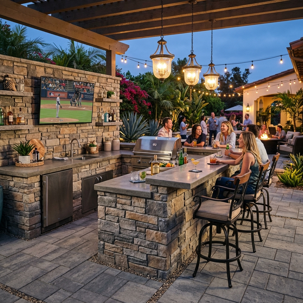 Outdoor Bar vinyl plank flooring installed in San Diego home by Hardscape Flow