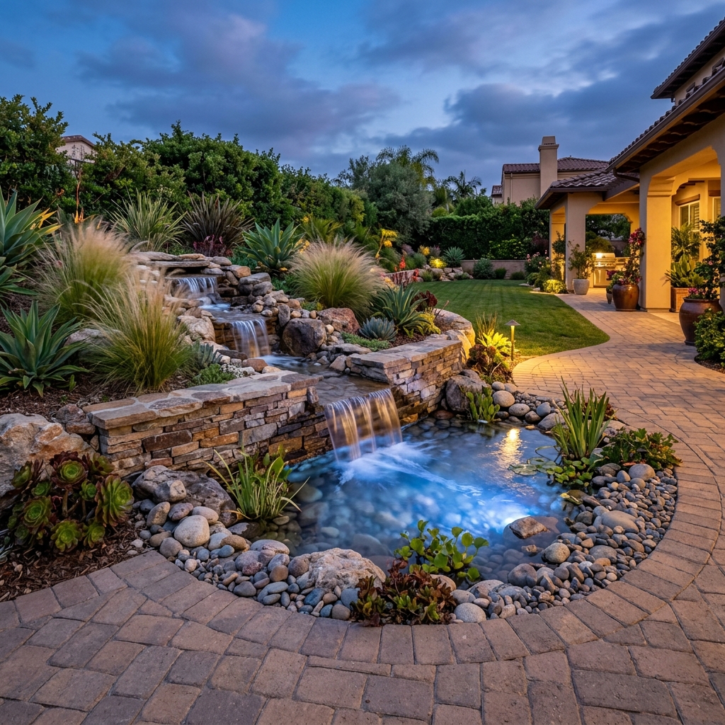 Stone Water Feature vinyl plank flooring installed in San Diego home by Hardscape Flow