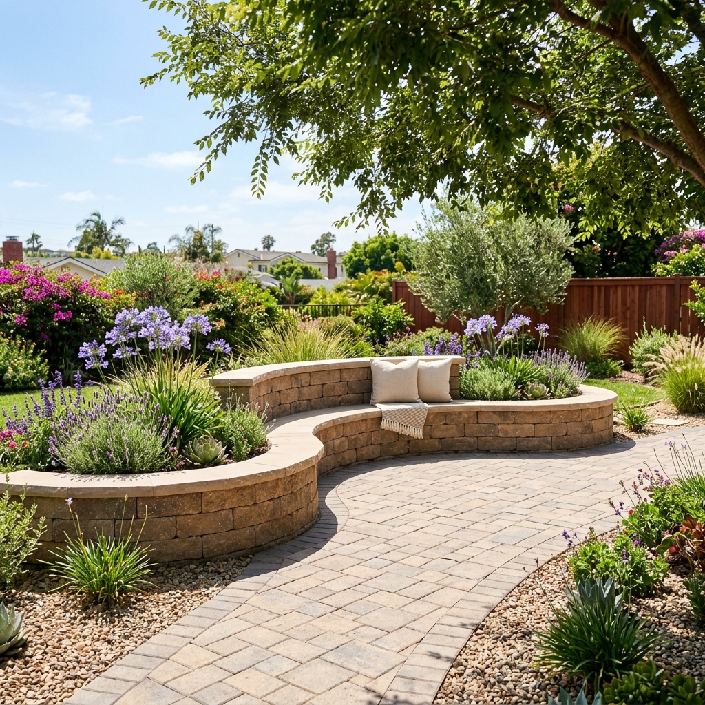 Curved Stone Bench vinyl plank flooring installed in San Diego home by Hardscape Flow