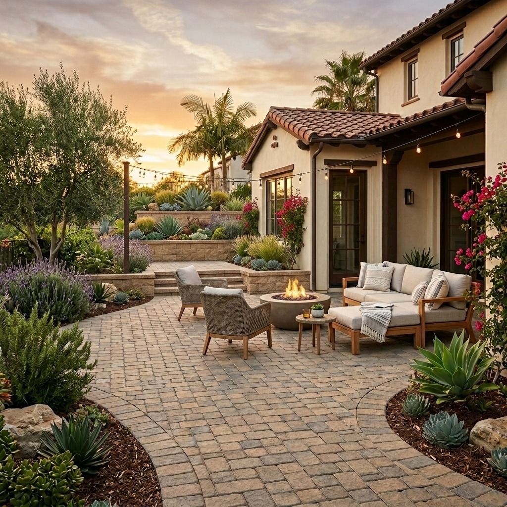 Paver patio with fire pit and outdoor furniture at sunset in San Diego by Hardscape Flow