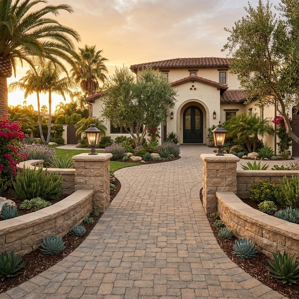 Mediterranean Paver Walkway & Fire Pit Patio — San Diego Dream Backyard Transformation