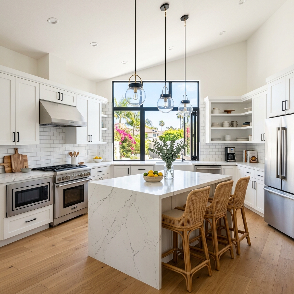 Kitchen Remodel vinyl plank flooring installed in San Diego home by Hardscape Flow