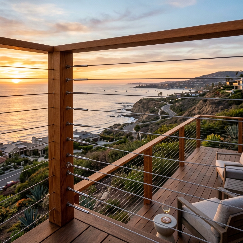 Cable Railing vinyl plank flooring installed in San Diego home by Hardscape Flow
