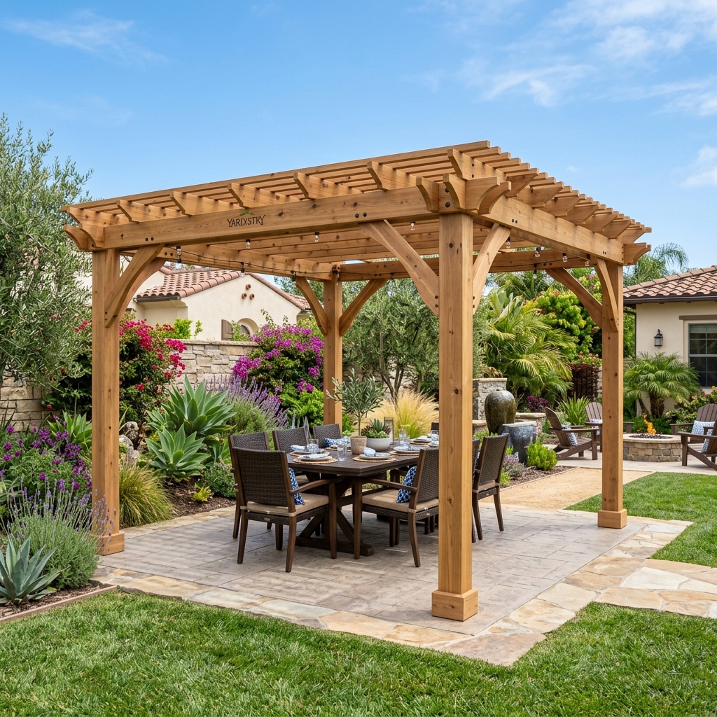 Yardistry 12x12 Cedar Pergola — Natural Wood vinyl plank flooring installed in San Diego home by Hardscape Flow
