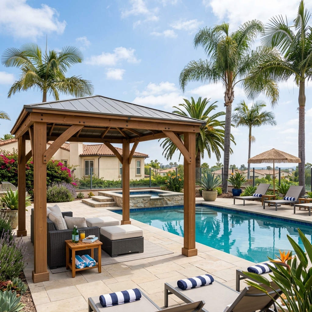 Yardistry 14x10 Cedar Pergola — Aluminum Roof vinyl plank flooring installed in San Diego home by Hardscape Flow