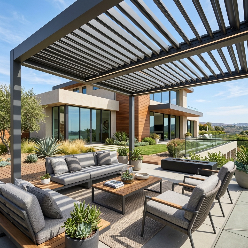 Yardistry Aluminum Louvered Pergola — Gray vinyl plank flooring installed in San Diego home by Hardscape Flow