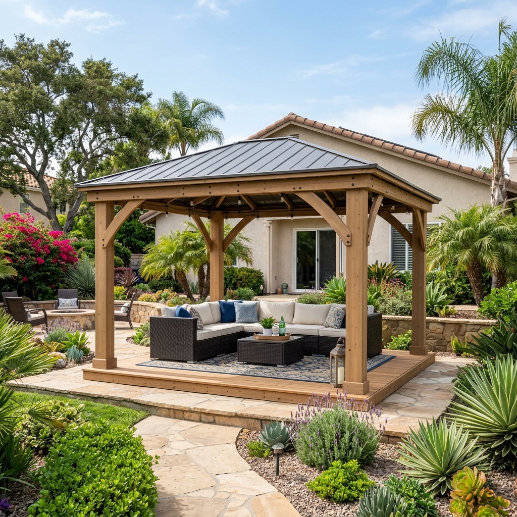 Yardistry 12x14 Cedar Gazebo — Steel Roof vinyl plank flooring installed in San Diego home by Hardscape Flow