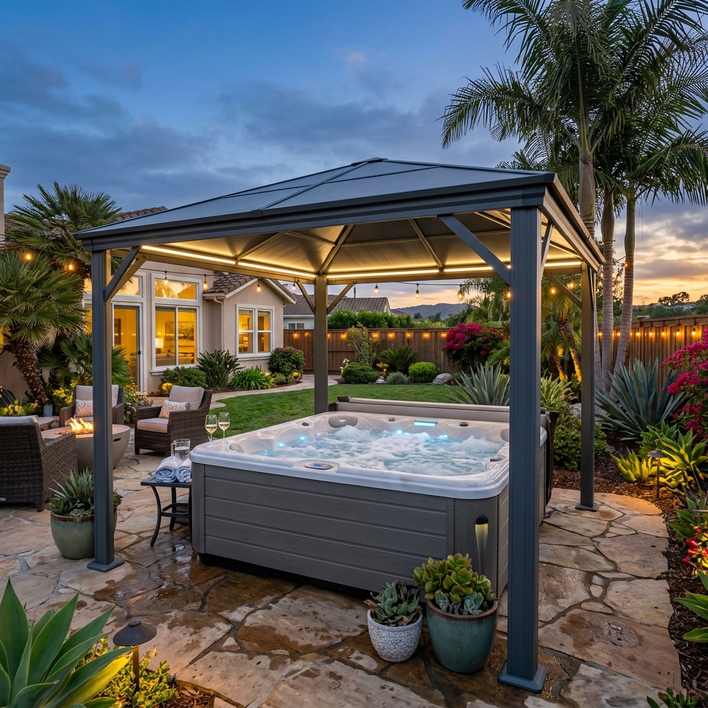 Yardistry Aluminum Hardtop Gazebo — Hot Tub Cover vinyl plank flooring installed in San Diego home by Hardscape Flow