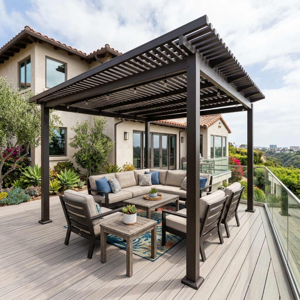 Steel Frame Pergola 10x12 — Dark Bronze vinyl plank flooring installed in San Diego home by Hardscape Flow