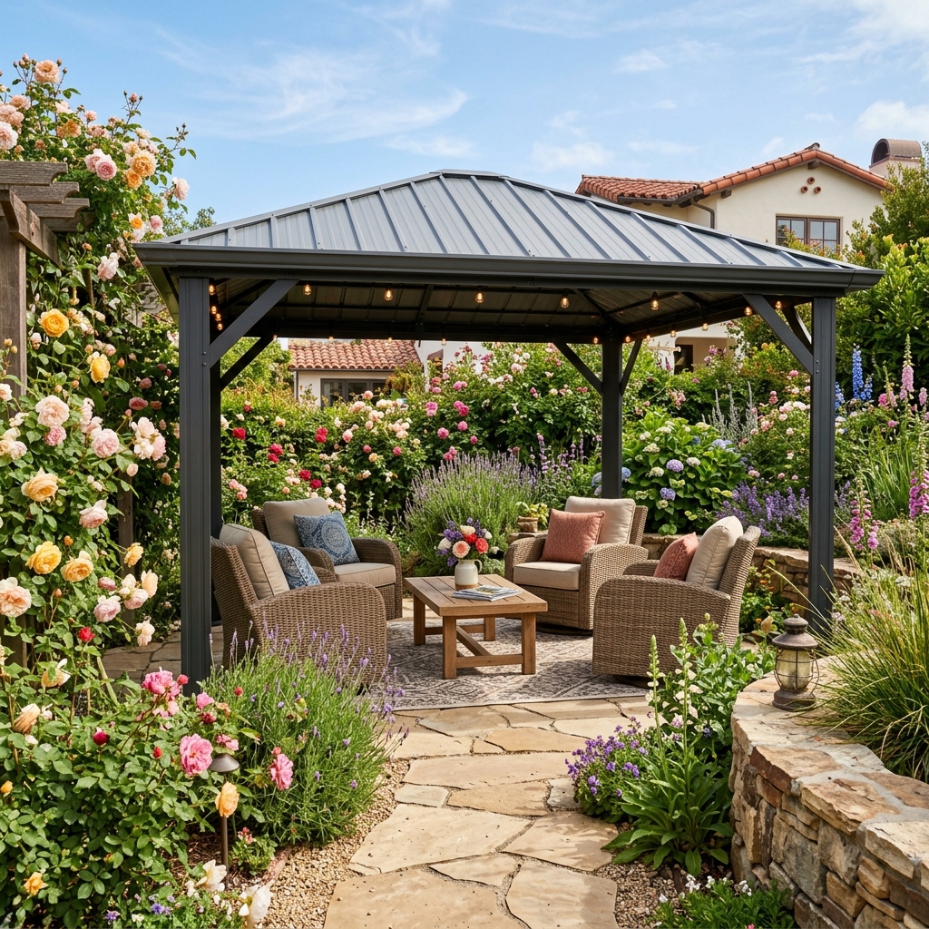 Hardtop Gazebo 10x12 — Steel Roof vinyl plank flooring installed in San Diego home by Hardscape Flow