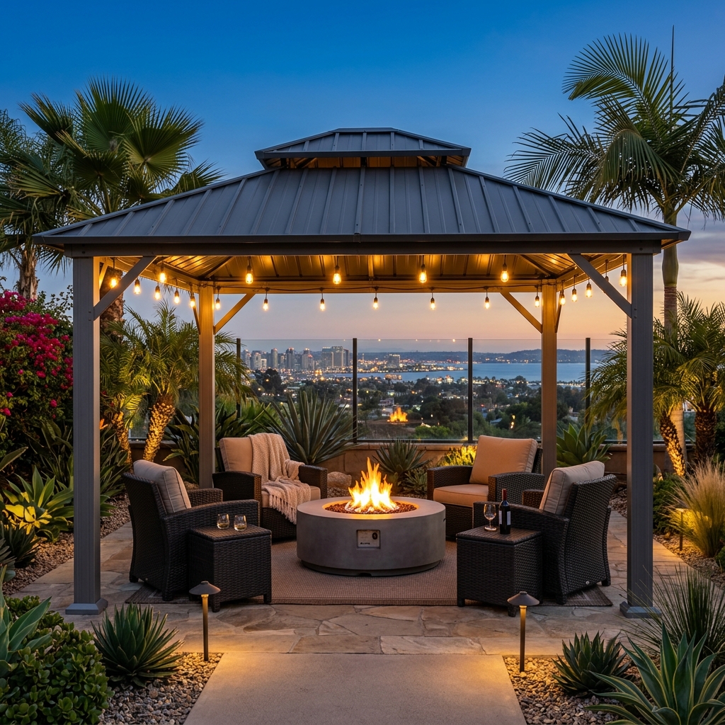 Hardtop Gazebo 12x12 — Double Roof Ventilation vinyl plank flooring installed in San Diego home by Hardscape Flow