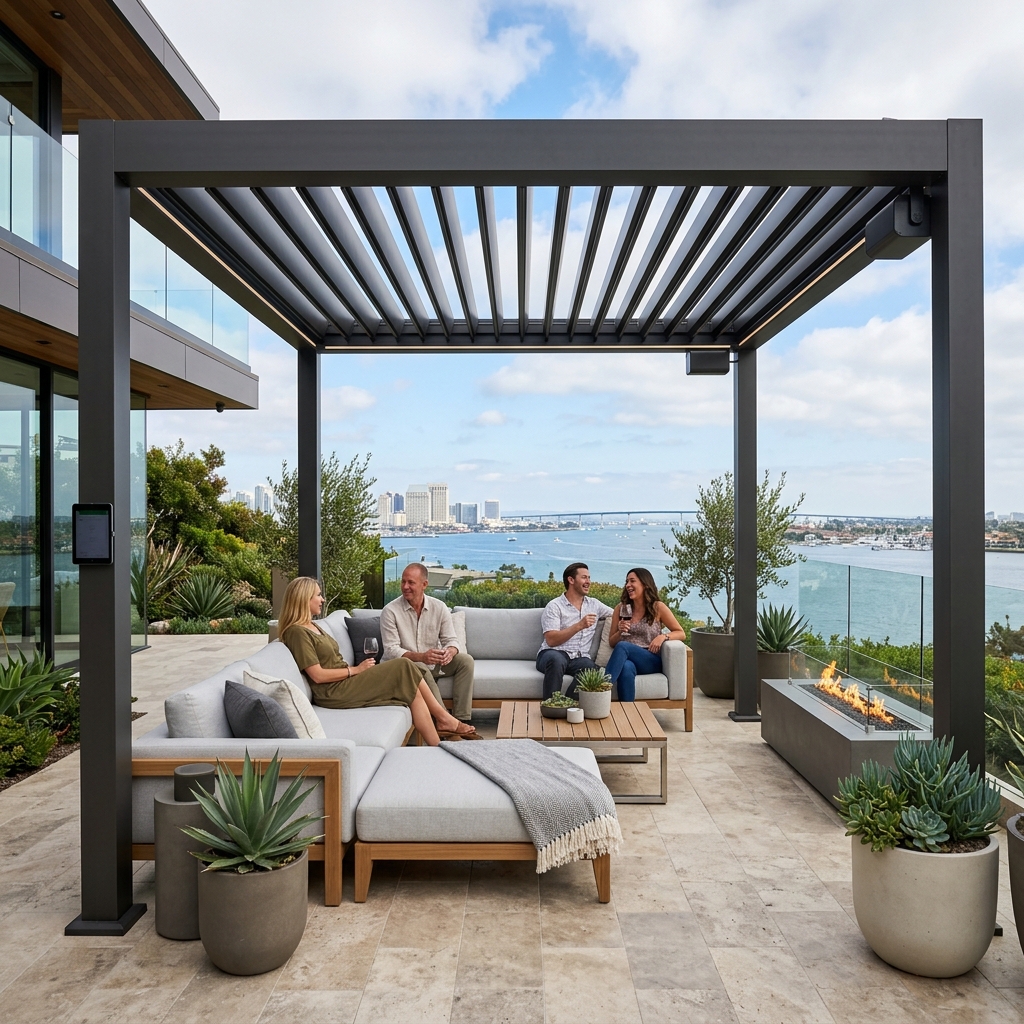 Motorized Louvered Pergola — Aluminum vinyl plank flooring installed in San Diego home by Hardscape Flow