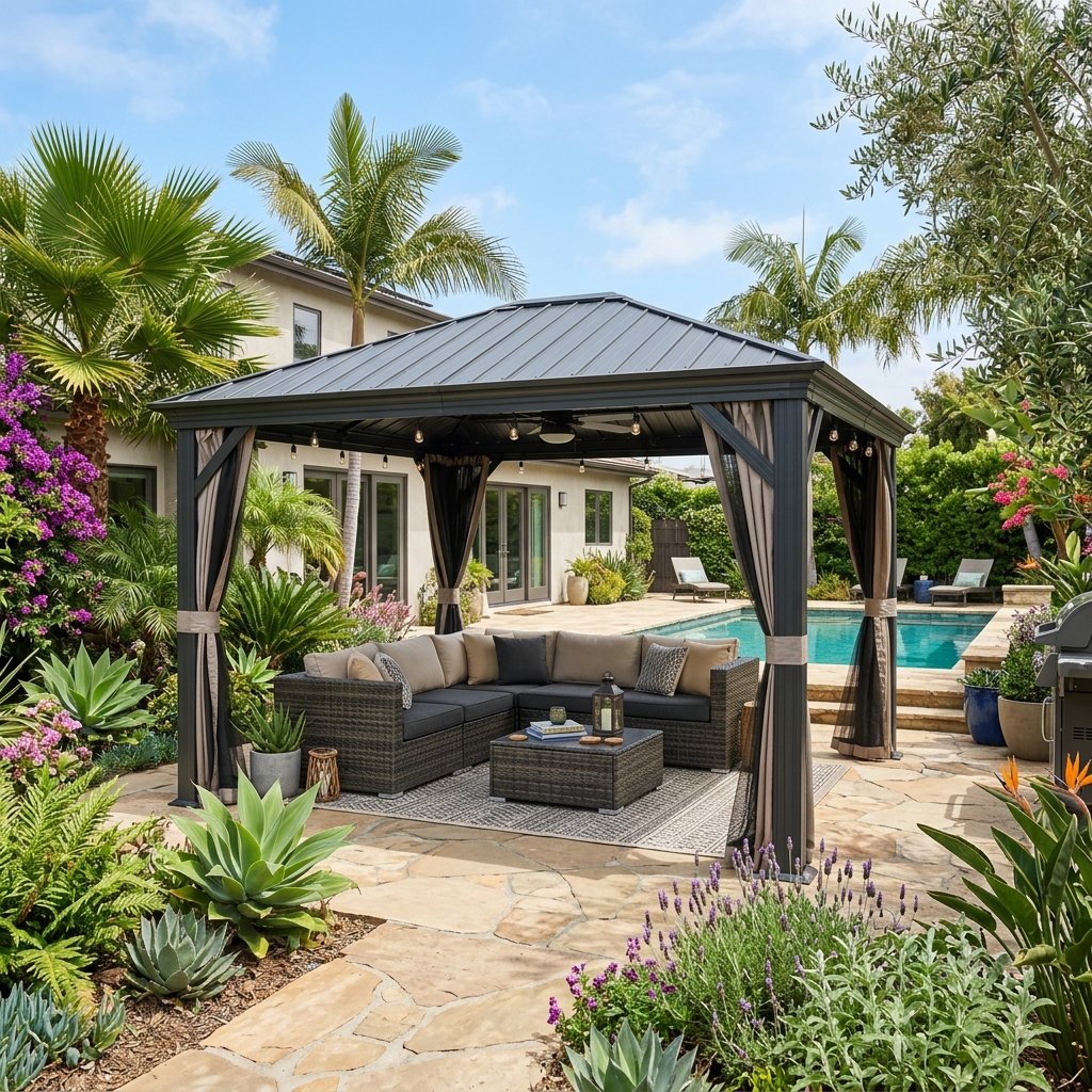 ShelterLogic Messina 10x12 Gazebo — Charcoal vinyl plank flooring installed in San Diego home by Hardscape Flow