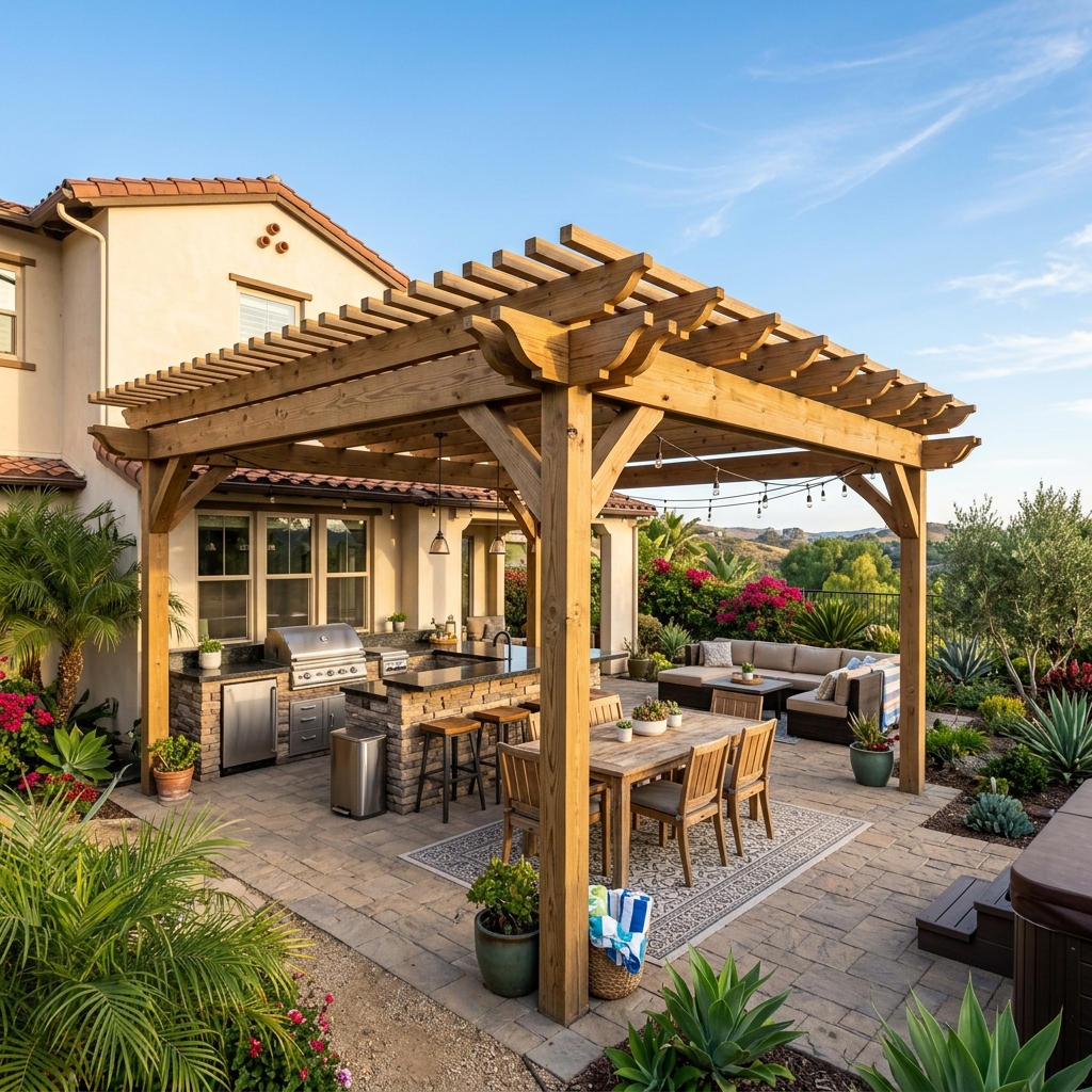 Wood Pergola 16x12 — Pressure Treated Pine vinyl plank flooring installed in San Diego home by Hardscape Flow
