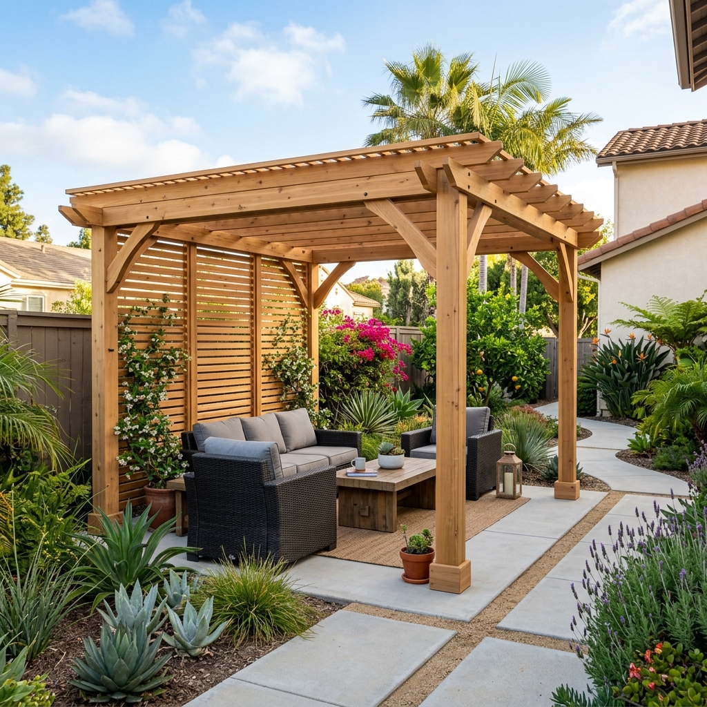 Yardistry Meridian Pergola — Cedar Privacy Wall vinyl plank flooring installed in San Diego home by Hardscape Flow