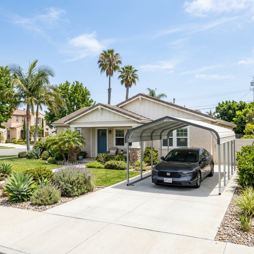 Arrow Steel Carport 10x15 — Eggshell White vinyl plank flooring installed in San Diego home by Hardscape Flow